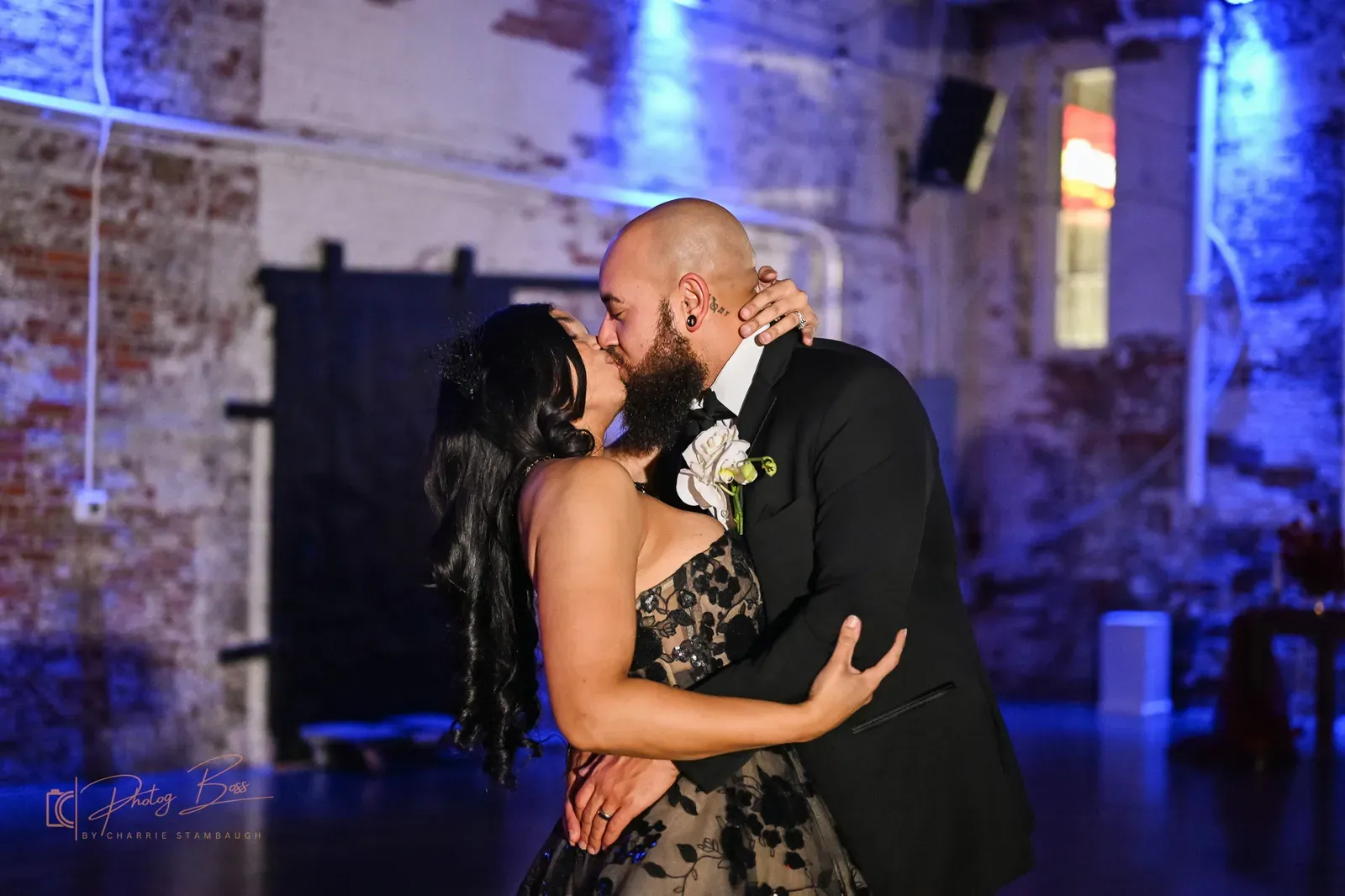 First dance at an Indianapolis wedding reception under Edison string lights at 24 Shelby